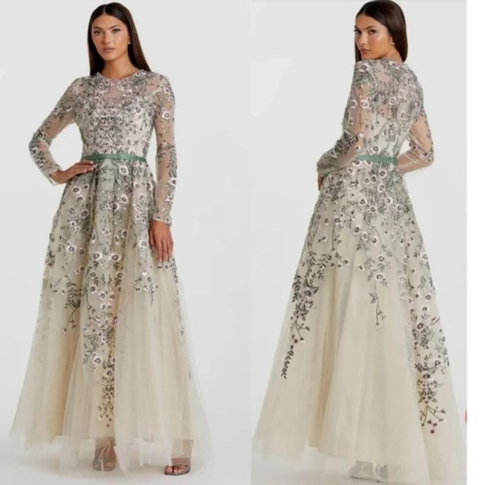 Mac Duggal 20580 Multicolor Long Sleeve Floral Embellished A-Line Gown Size 10